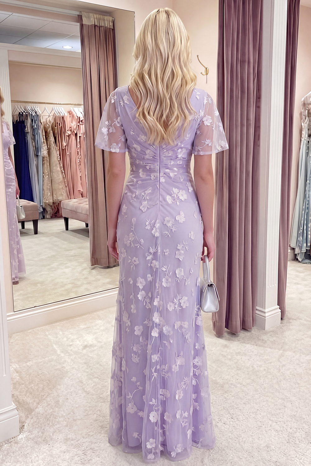 Blue Floral Flutter Sleeves Sheath Long Prom Dress with Slit