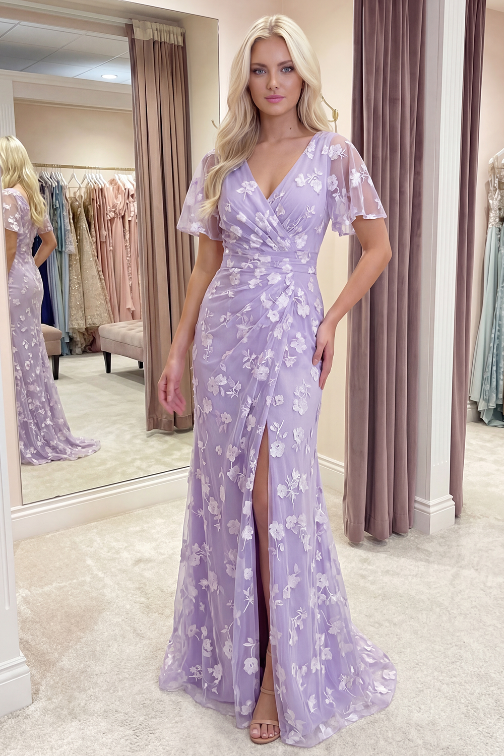 Blue Floral Flutter Sleeves Sheath Long Prom Dress with Slit