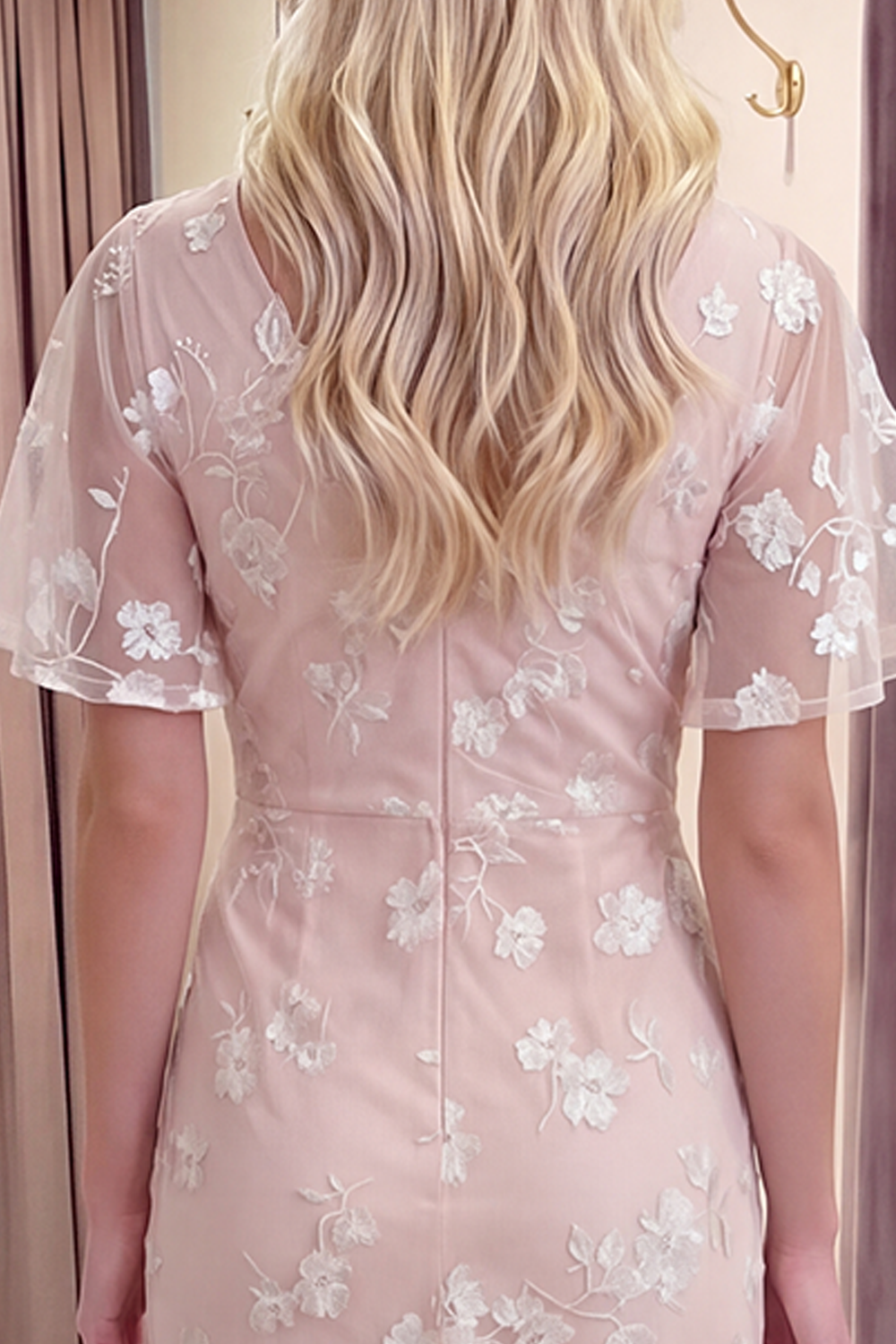 Blue Floral Flutter Sleeves Sheath Long Prom Dress with Slit