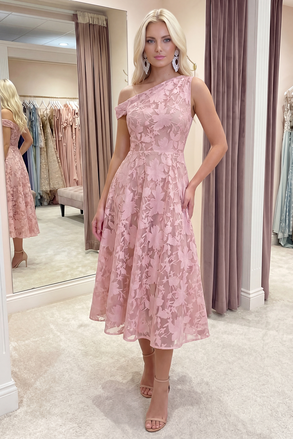 Pink Floral A Line One Shoulder Long Prom Dress