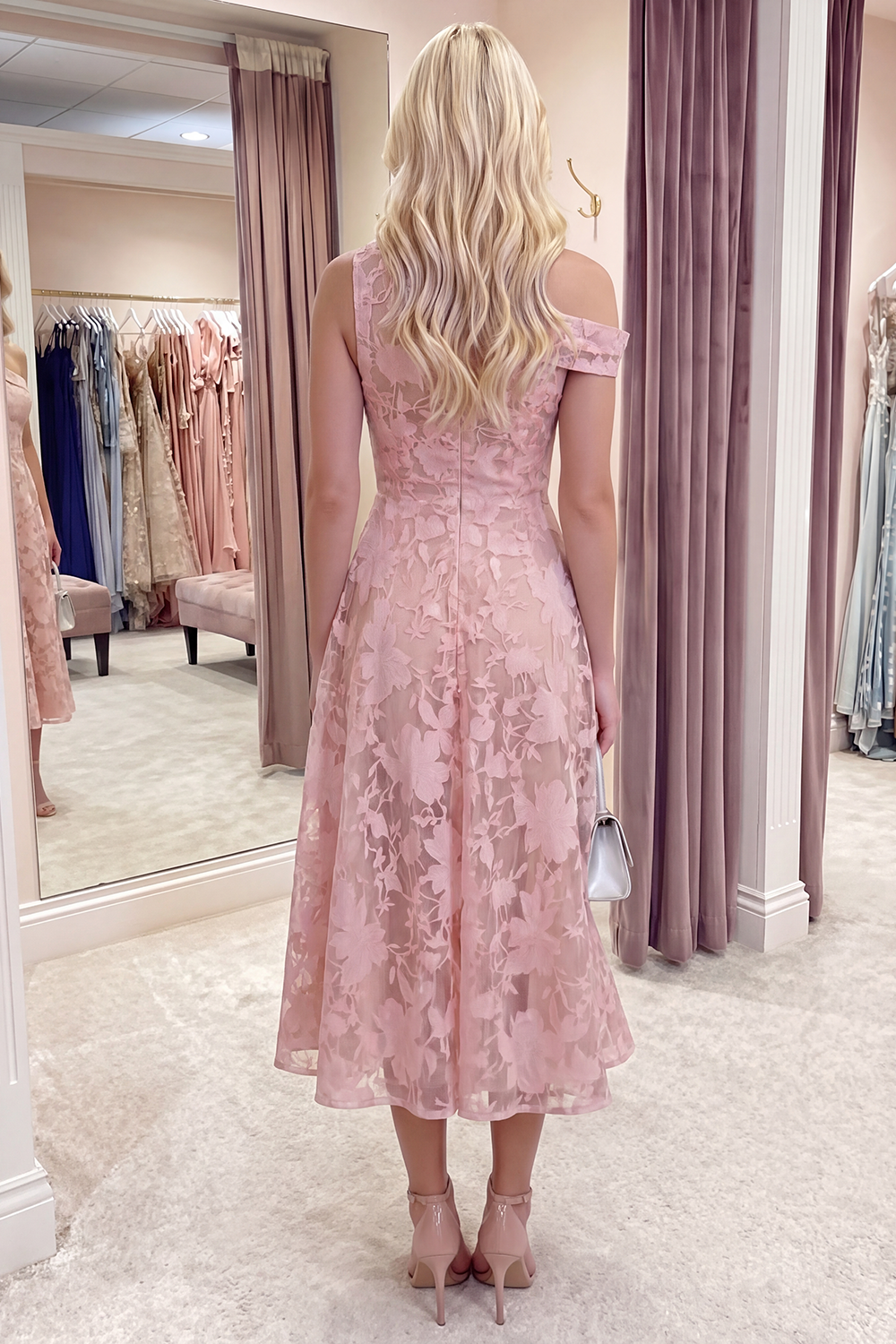 Pink Floral A Line One Shoulder Long Prom Dress