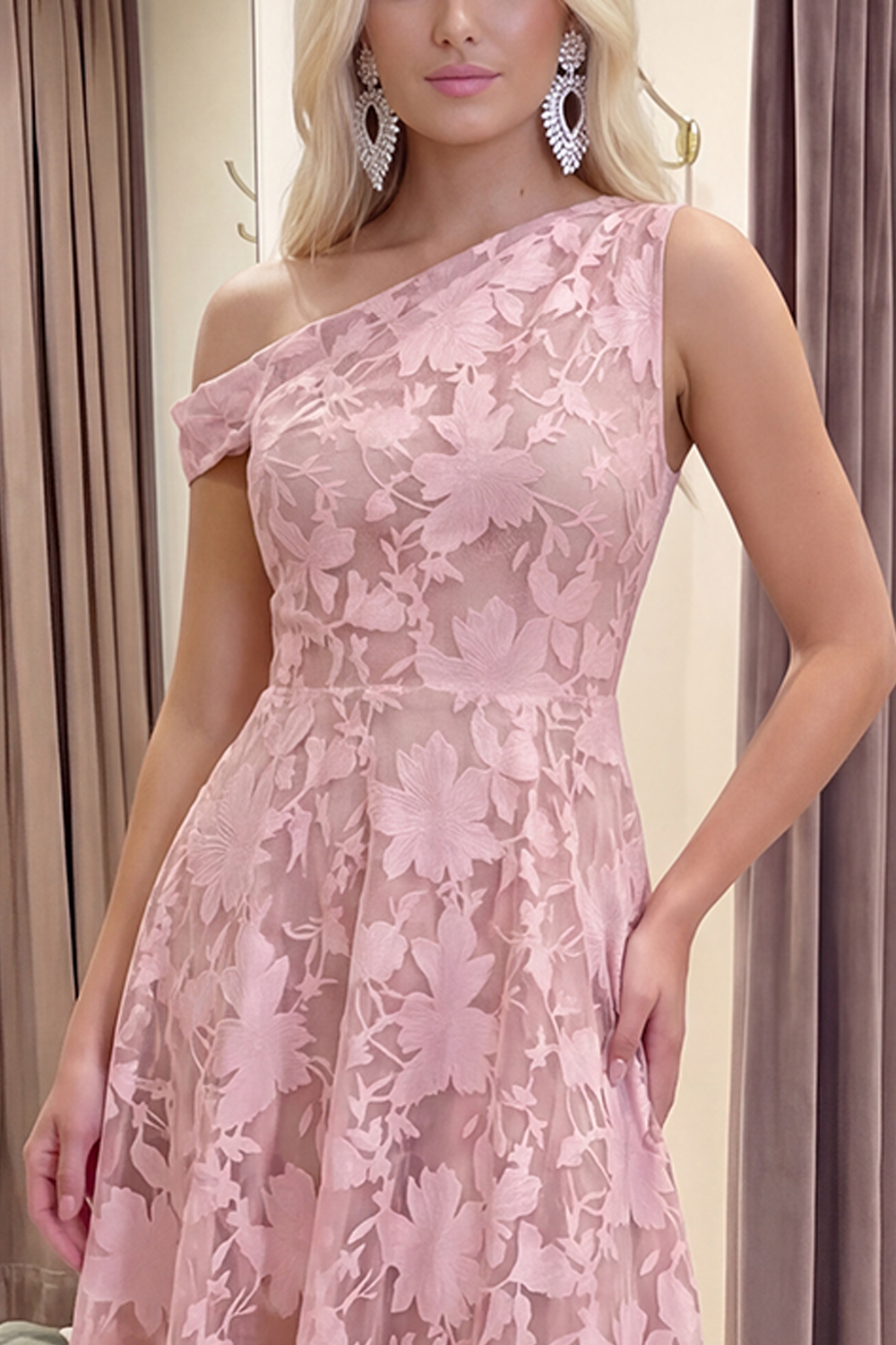 Pink Floral A Line One Shoulder Long Prom Dress