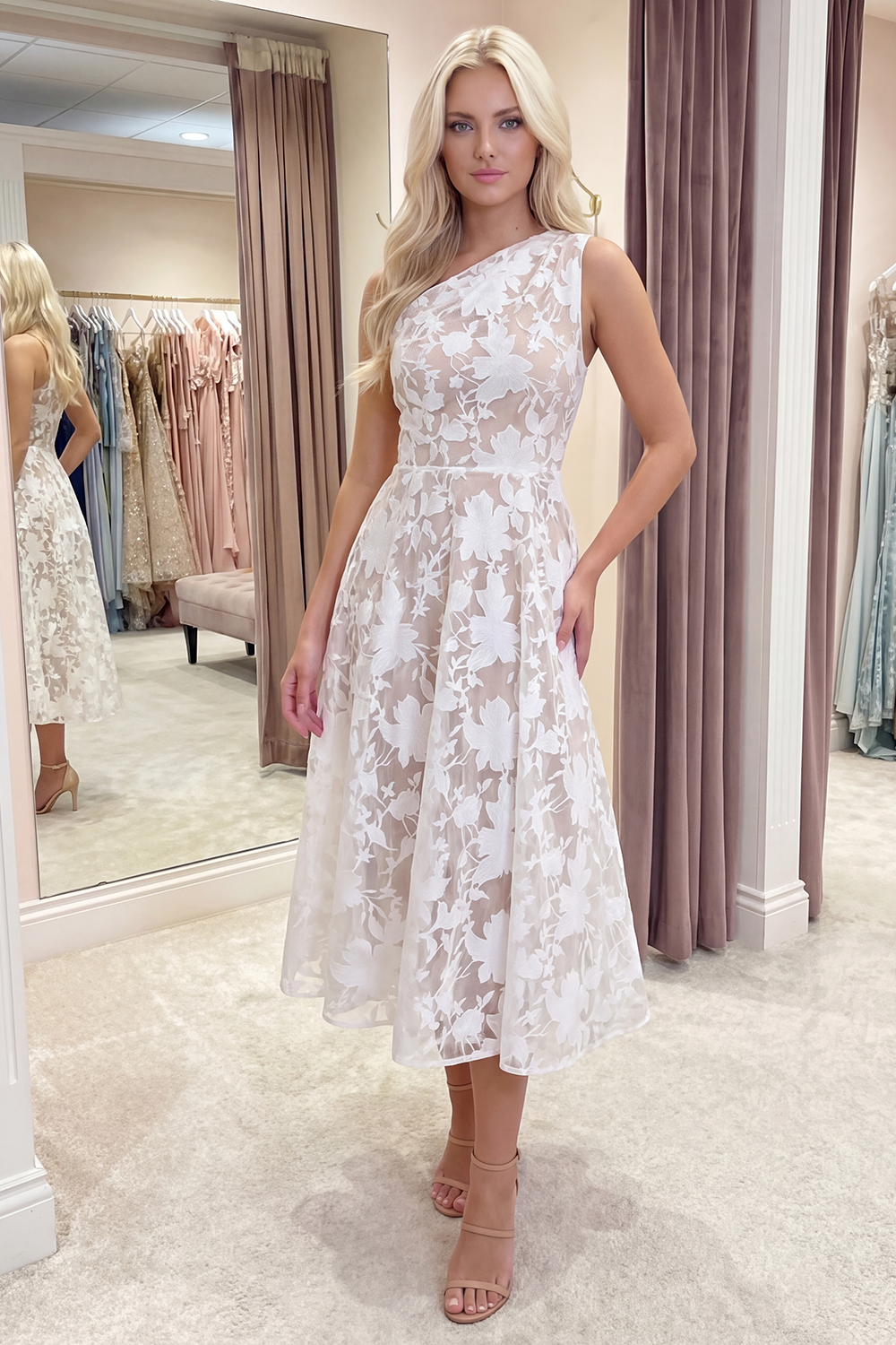 Pink Floral A Line One Shoulder Long Prom Dress