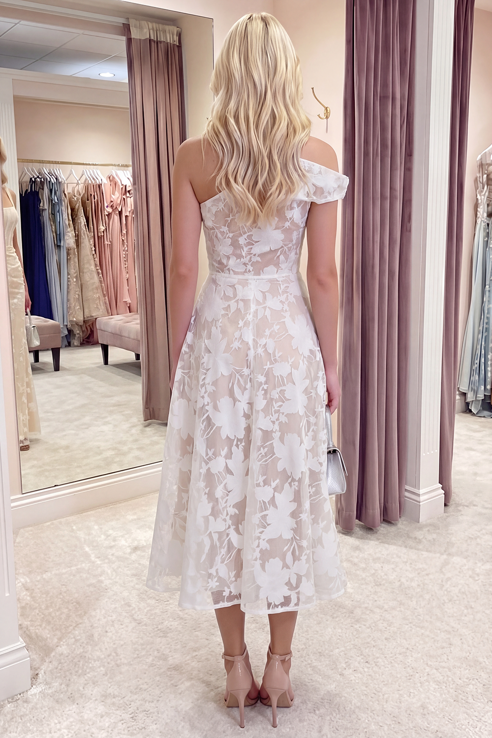 Pink Floral A Line One Shoulder Long Prom Dress