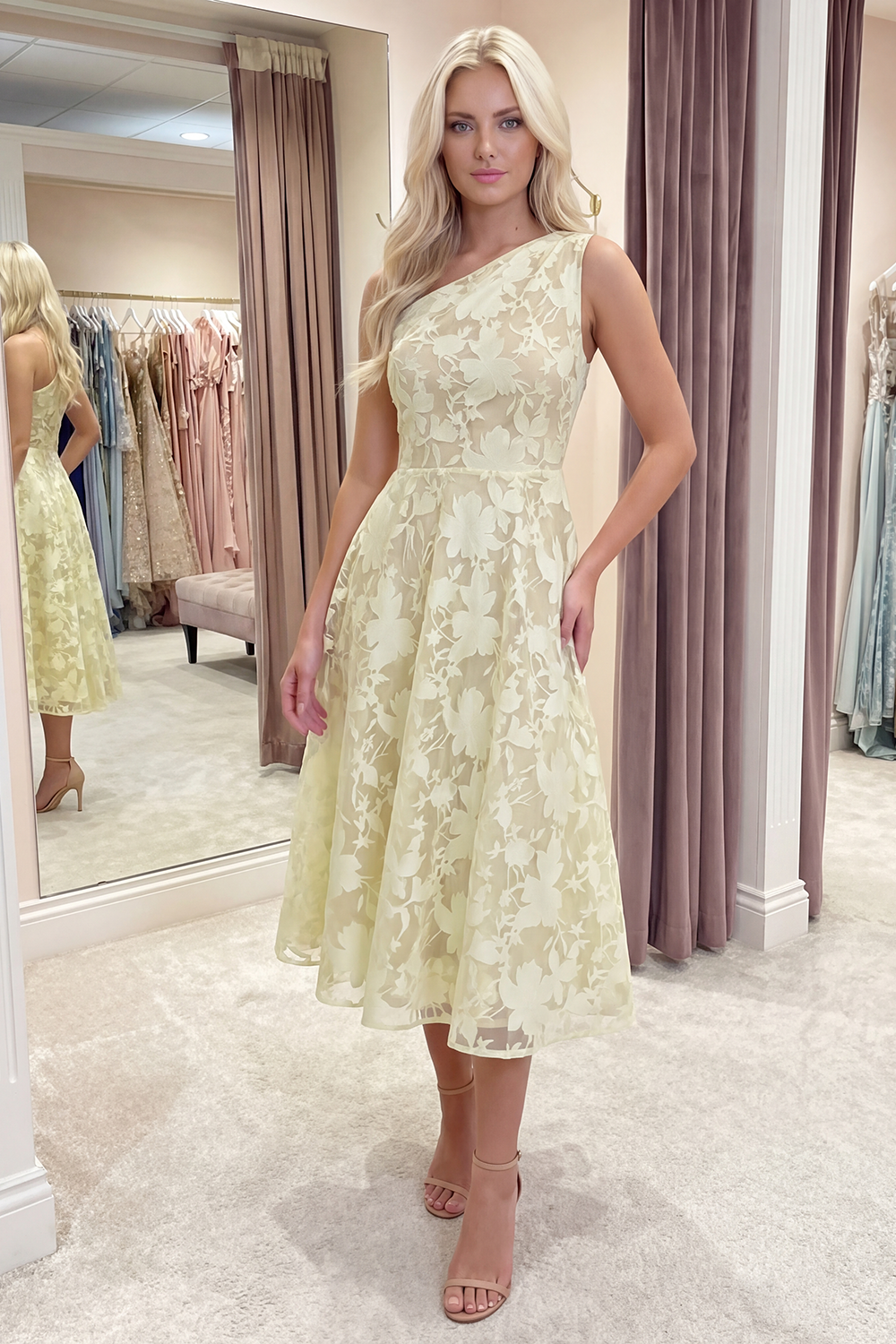 Pink Floral A Line One Shoulder Long Prom Dress