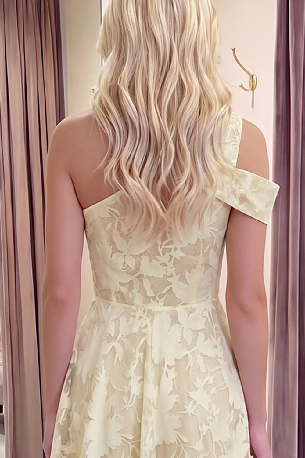 Pink Floral A Line One Shoulder Long Prom Dress