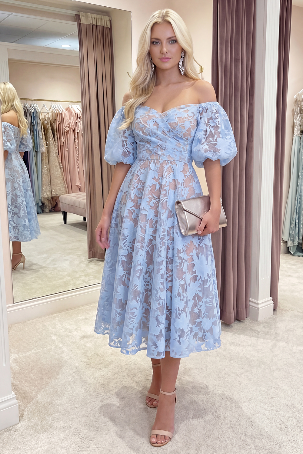 Yellow Floral A Line Puff Sleeves Ruched Long Prom Dress