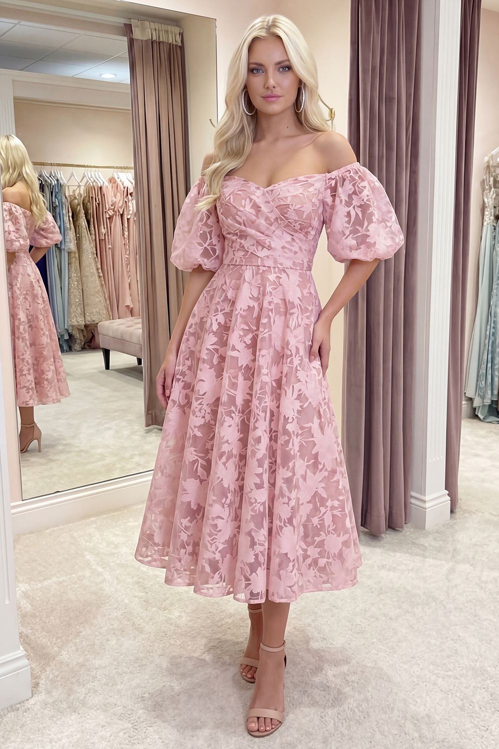 Yellow Floral A Line Puff Sleeves Ruched Long Prom Dress