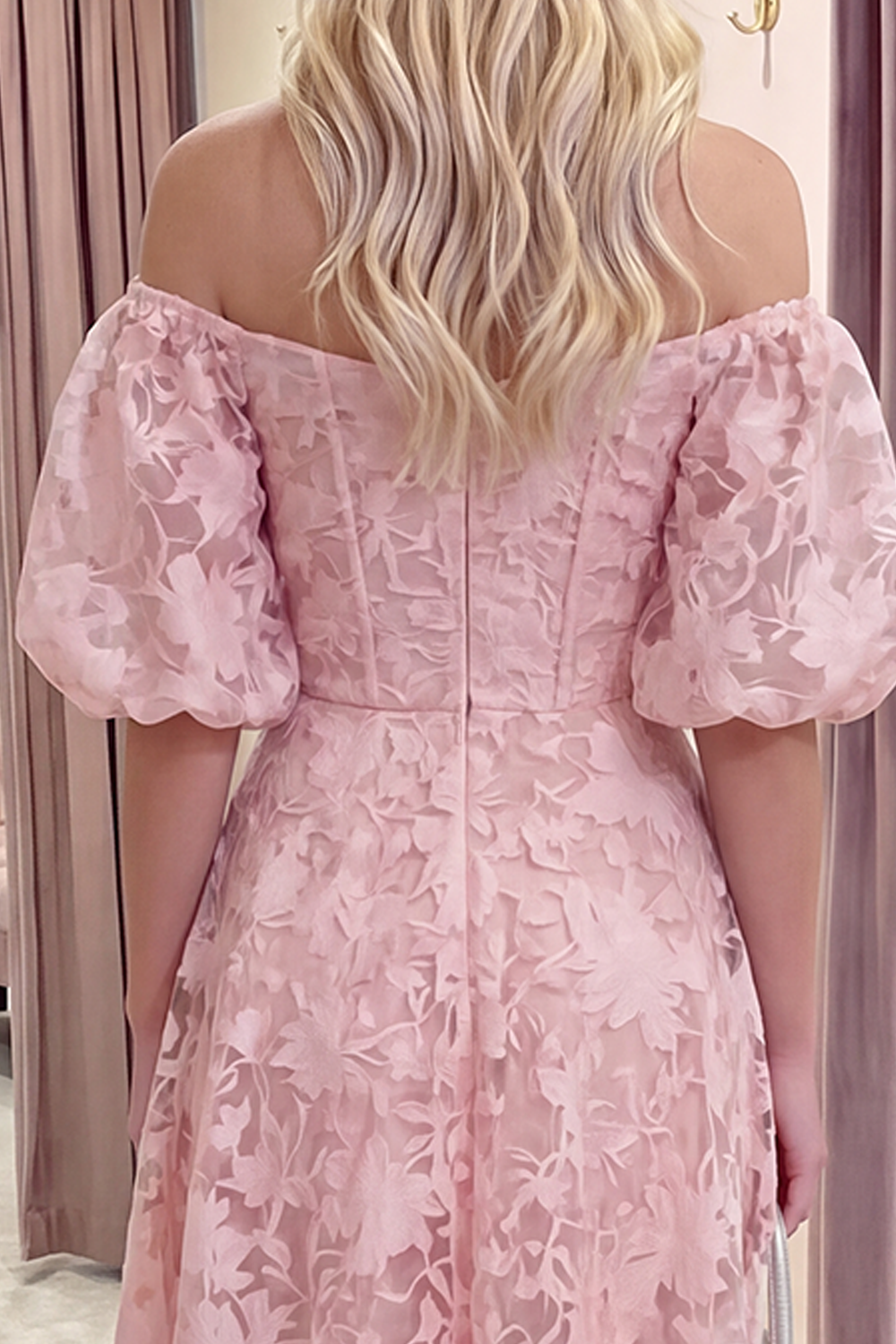 Yellow Floral A Line Puff Sleeves Ruched Long Prom Dress