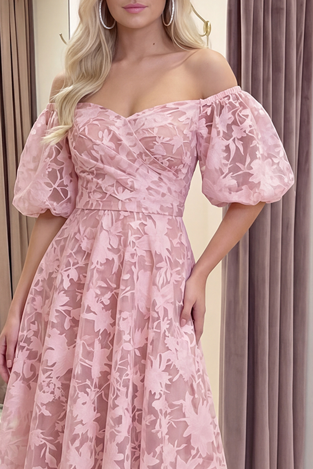 Yellow Floral A Line Puff Sleeves Ruched Long Prom Dress