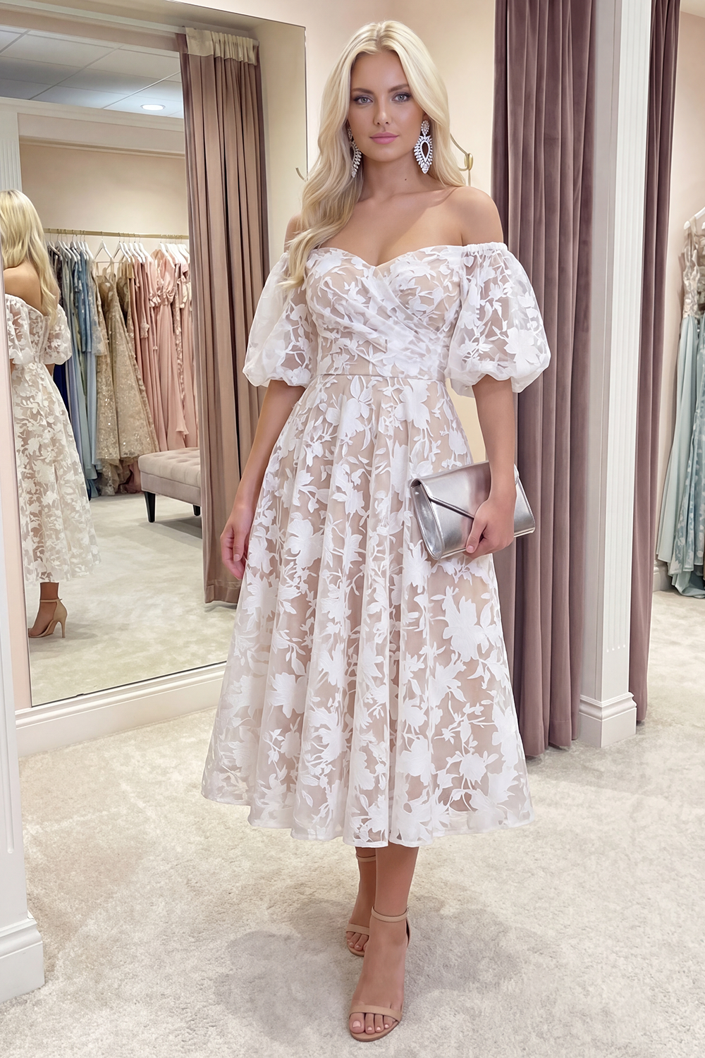 Yellow Floral A Line Puff Sleeves Ruched Long Prom Dress