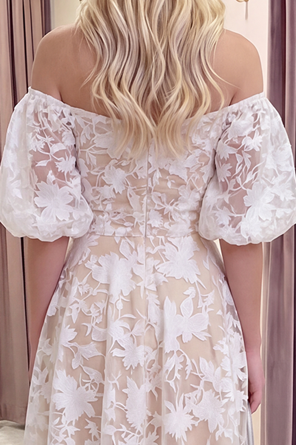 Yellow Floral A Line Puff Sleeves Ruched Long Prom Dress