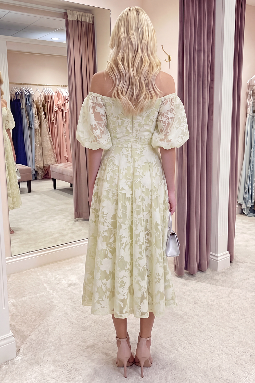 Yellow Floral A Line Puff Sleeves Ruched Long Prom Dress