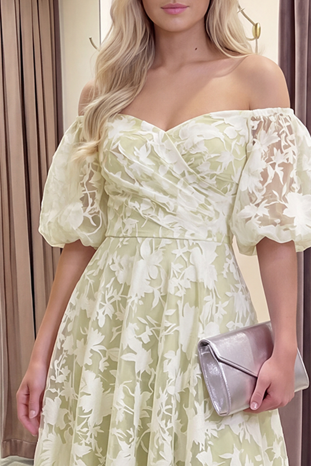 Yellow Floral A Line Puff Sleeves Ruched Long Prom Dress