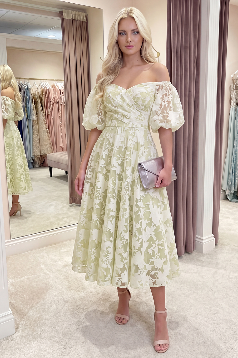 Yellow Floral A Line Puff Sleeves Ruched Long Prom Dress