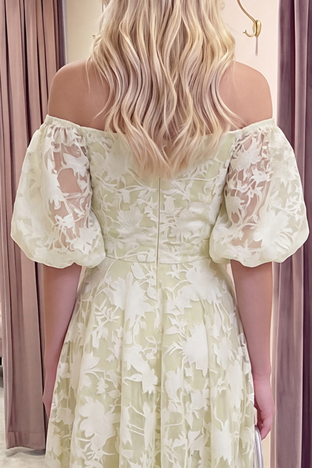 Yellow Floral A Line Puff Sleeves Ruched Long Prom Dress