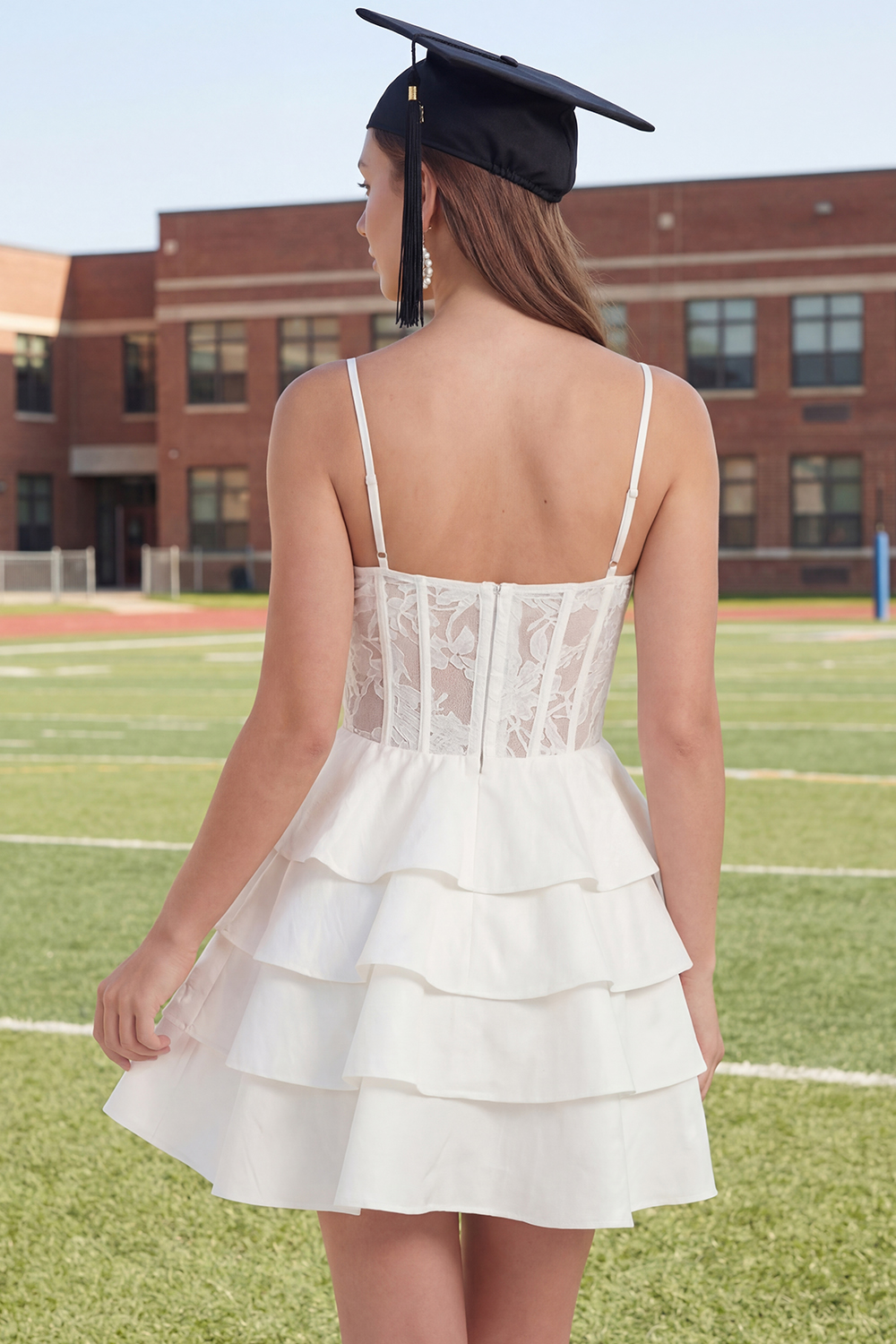 White A Line Spaghetti Straps Short Corset Graduation Dress with Ruffles