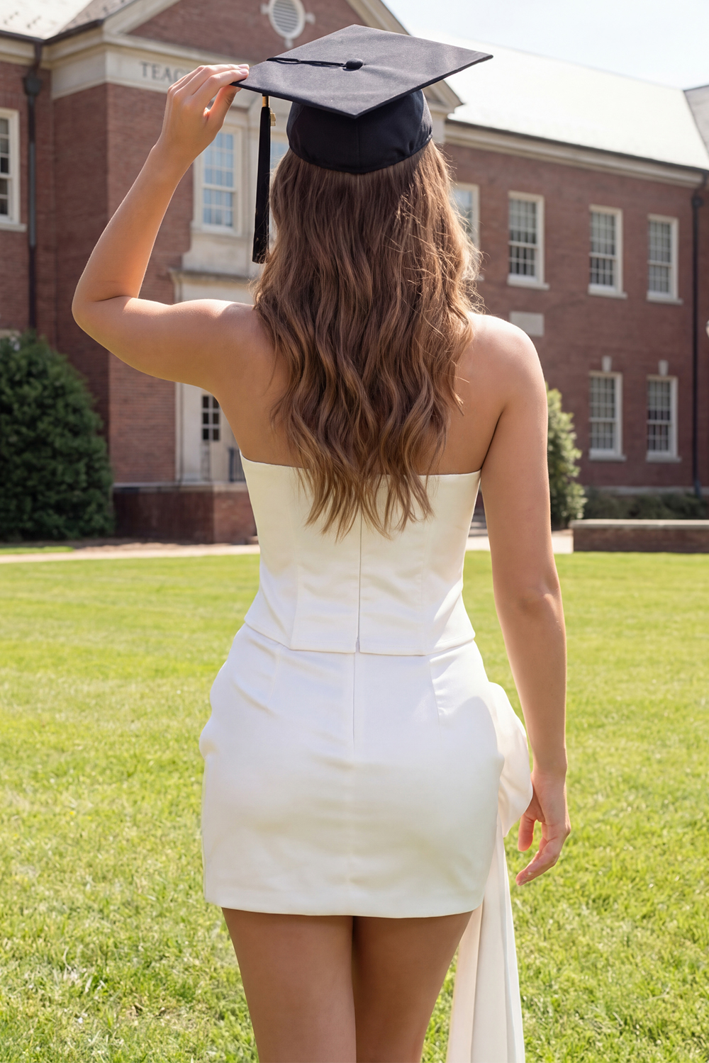 White Basque Waist Bodycon Short Strapless Graduation Dress with 3D Flower