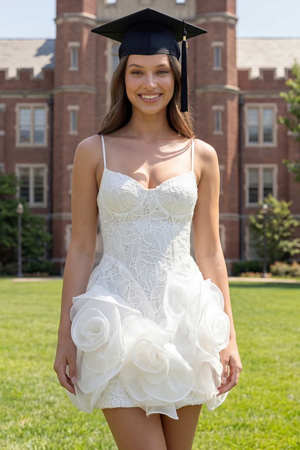 White A Line Spaghetti Straps Lace Short Graduation Dress with 3D Flower