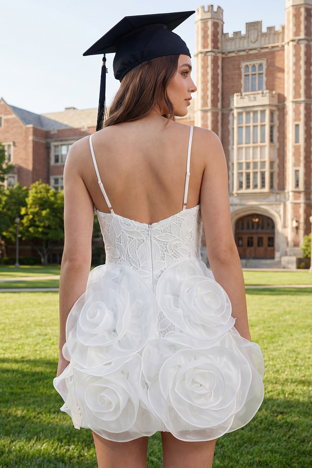 White A Line Spaghetti Straps Lace Short Graduation Dress with 3D Flower