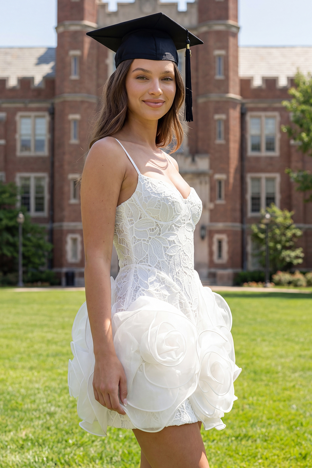 White A Line Spaghetti Straps Lace Short Graduation Dress with 3D Flower