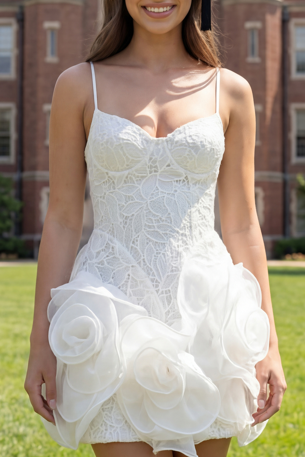 White A Line Spaghetti Straps Lace Short Graduation Dress with 3D Flower