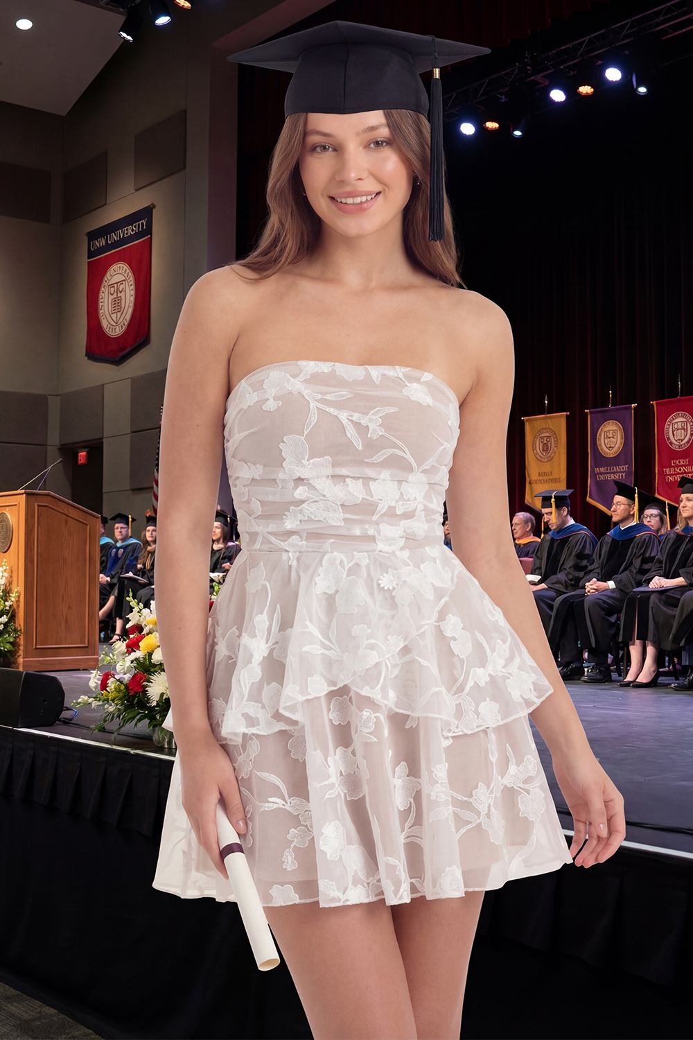 White Lace Floral Strapless Short Graduation Dress with Ruffles