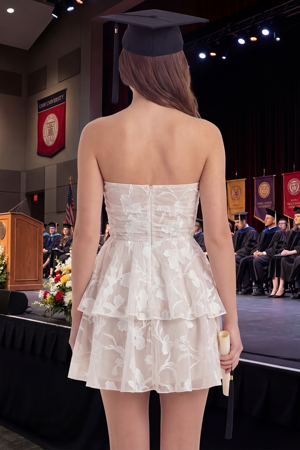 White Lace Floral Strapless Short Graduation Dress with Ruffles