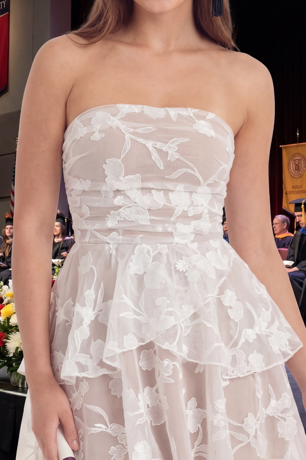 White Lace Floral Strapless Short Graduation Dress with Ruffles