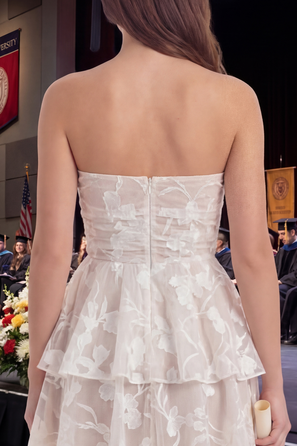 White Lace Floral Strapless Short Graduation Dress with Ruffles