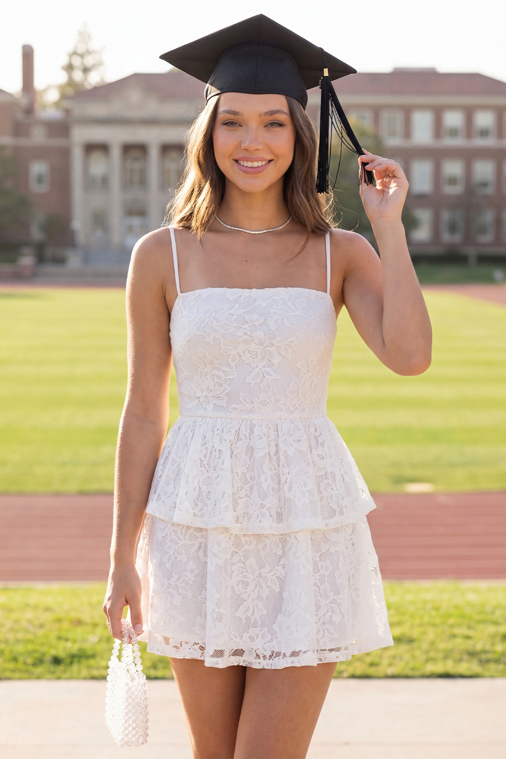 White Lace Strapless Spaghetti Straps Short Graduation Dress with Ruffles