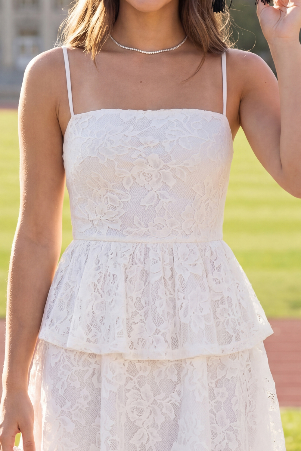 White Lace Strapless Spaghetti Straps Short Graduation Dress with Ruffles