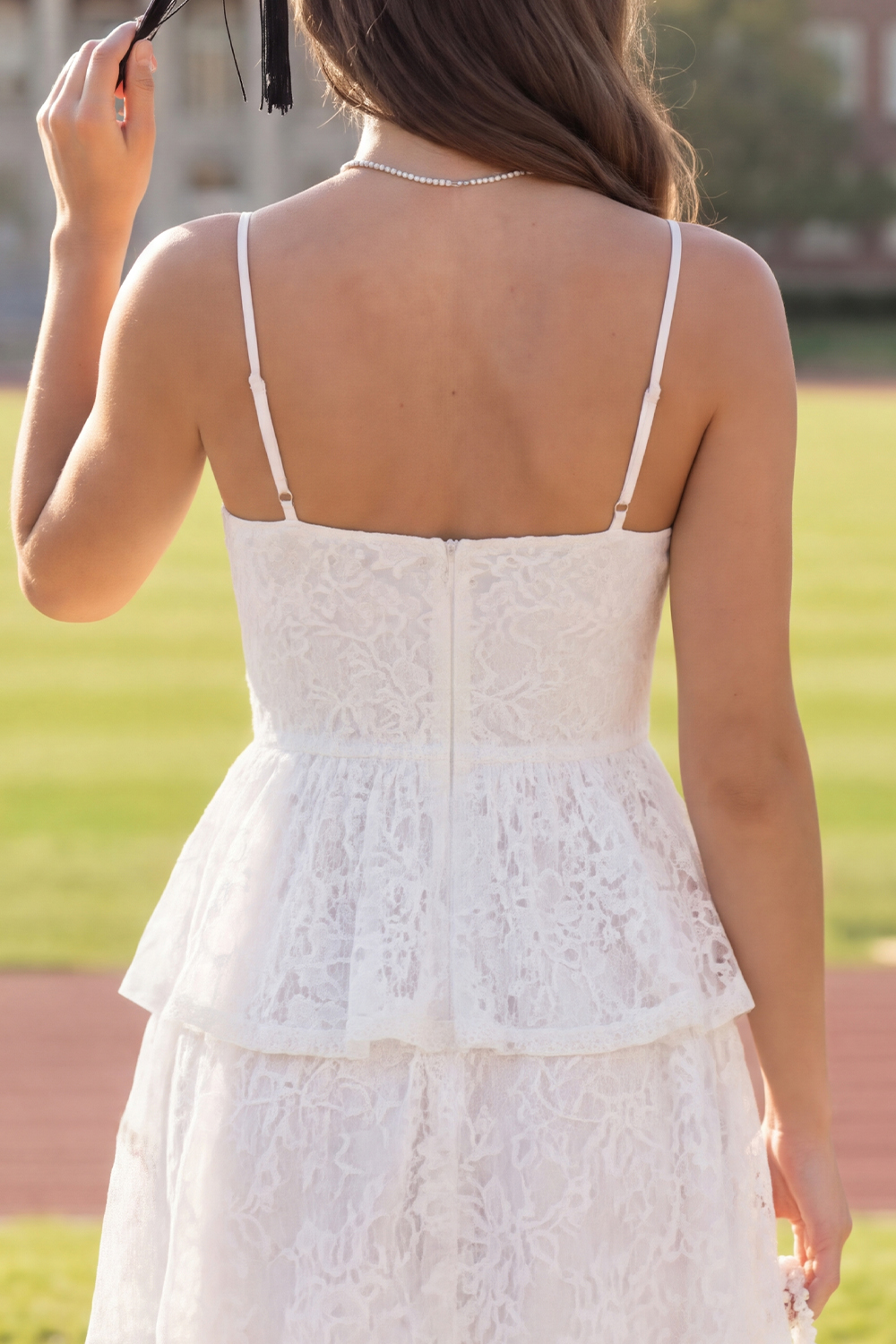 White Lace Strapless Spaghetti Straps Short Graduation Dress with Ruffles