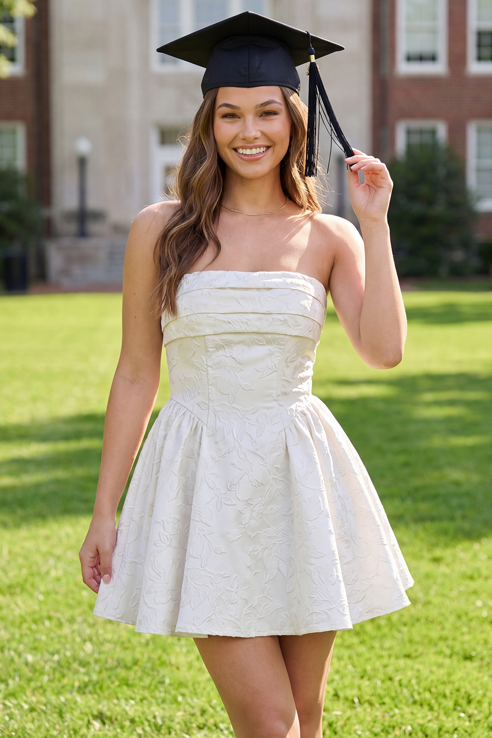 White Jacquare Floral A Line Short Corset Graduation Dress