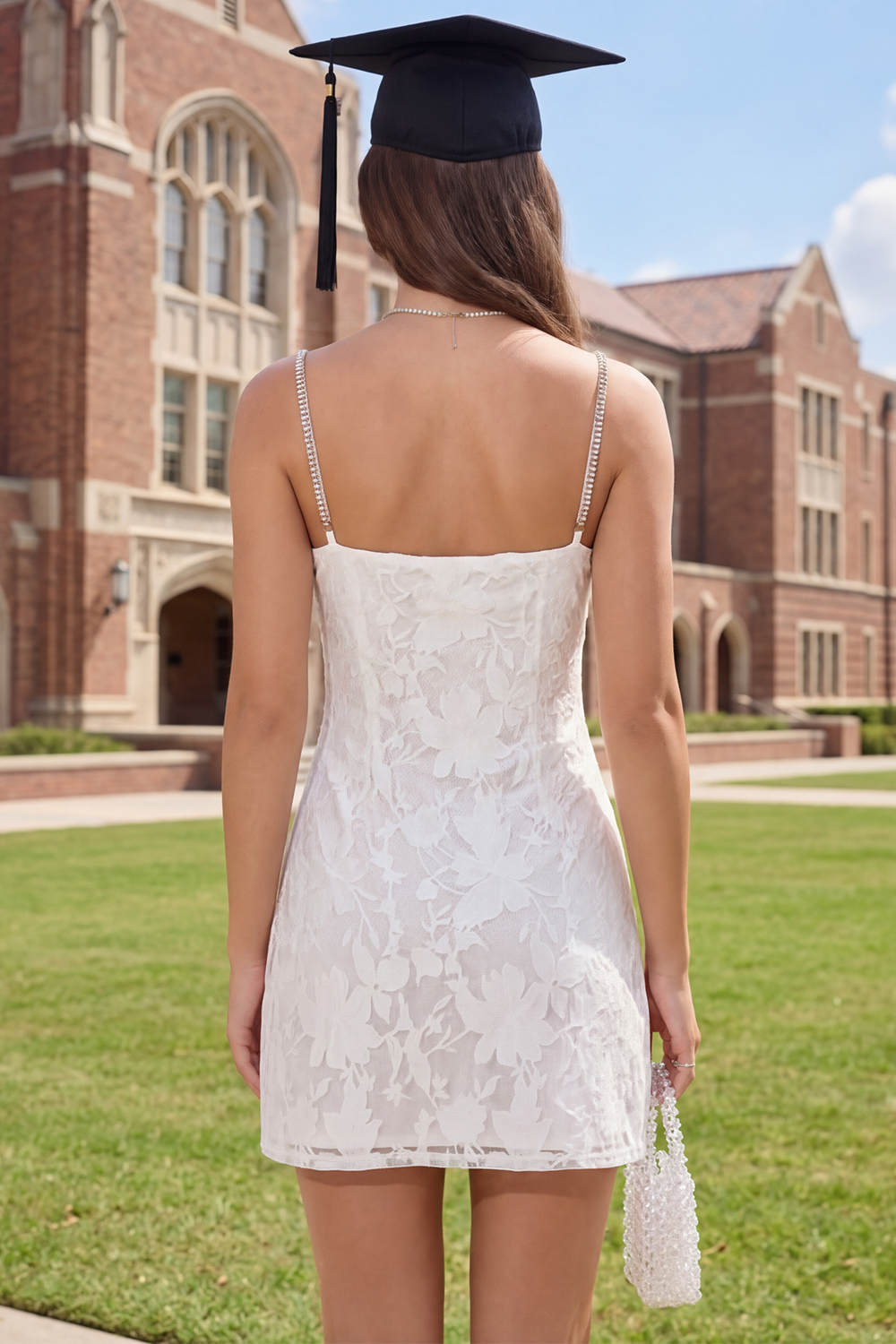 White Bodycon Spaghetti Straps Lace Short Graduation Dress