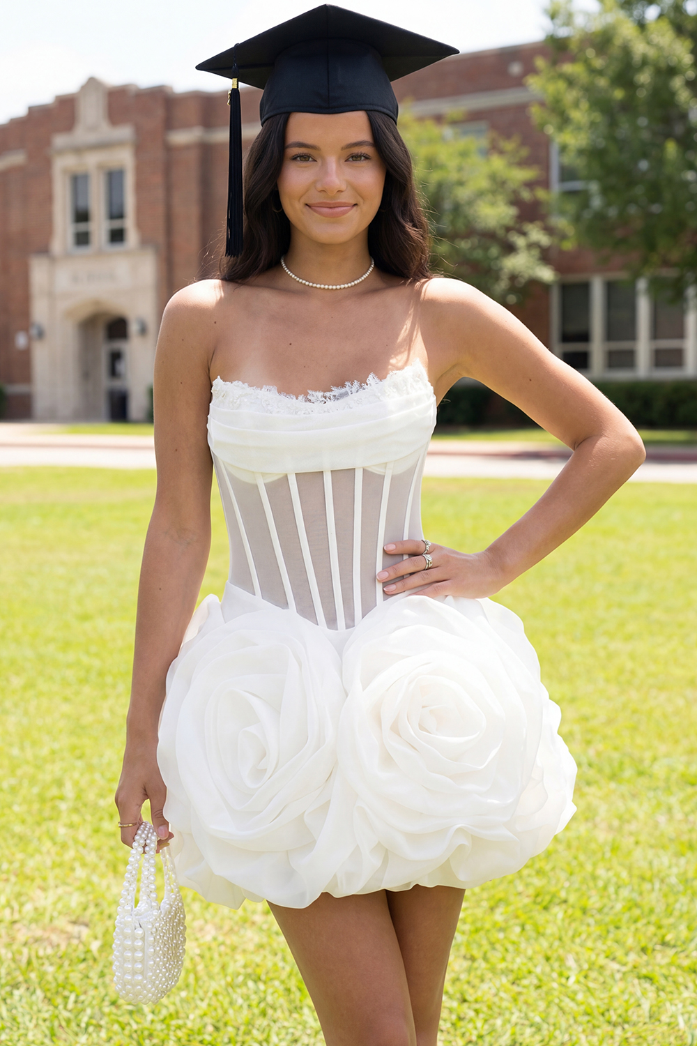 White A Line Corset Strapless Short Graduation Dress with 3D Flower