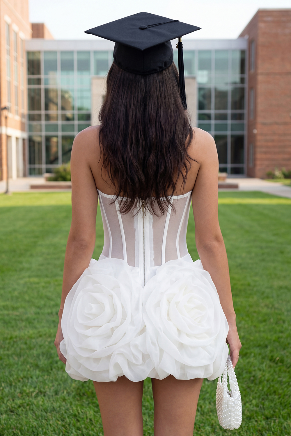 White A Line Corset Strapless Short Graduation Dress with 3D Flower