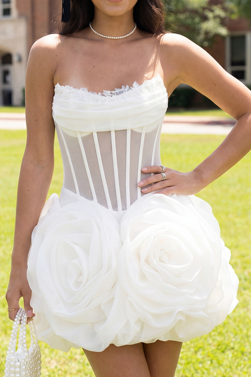 White A Line Corset Strapless Short Graduation Dress with 3D Flower