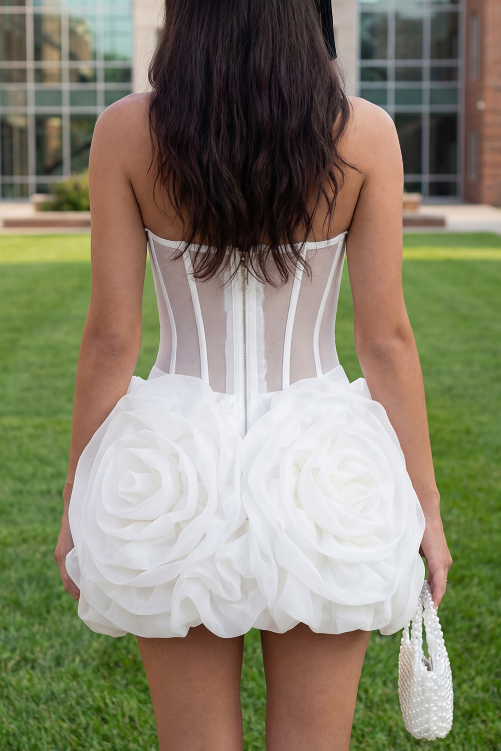 White A Line Corset Strapless Short Graduation Dress with 3D Flower