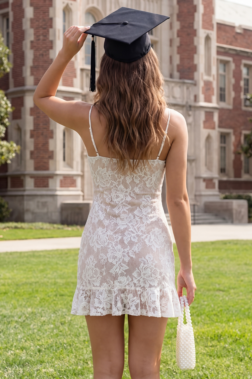White Lace Spaghetti Straps Ruffled Short Graduation Dress