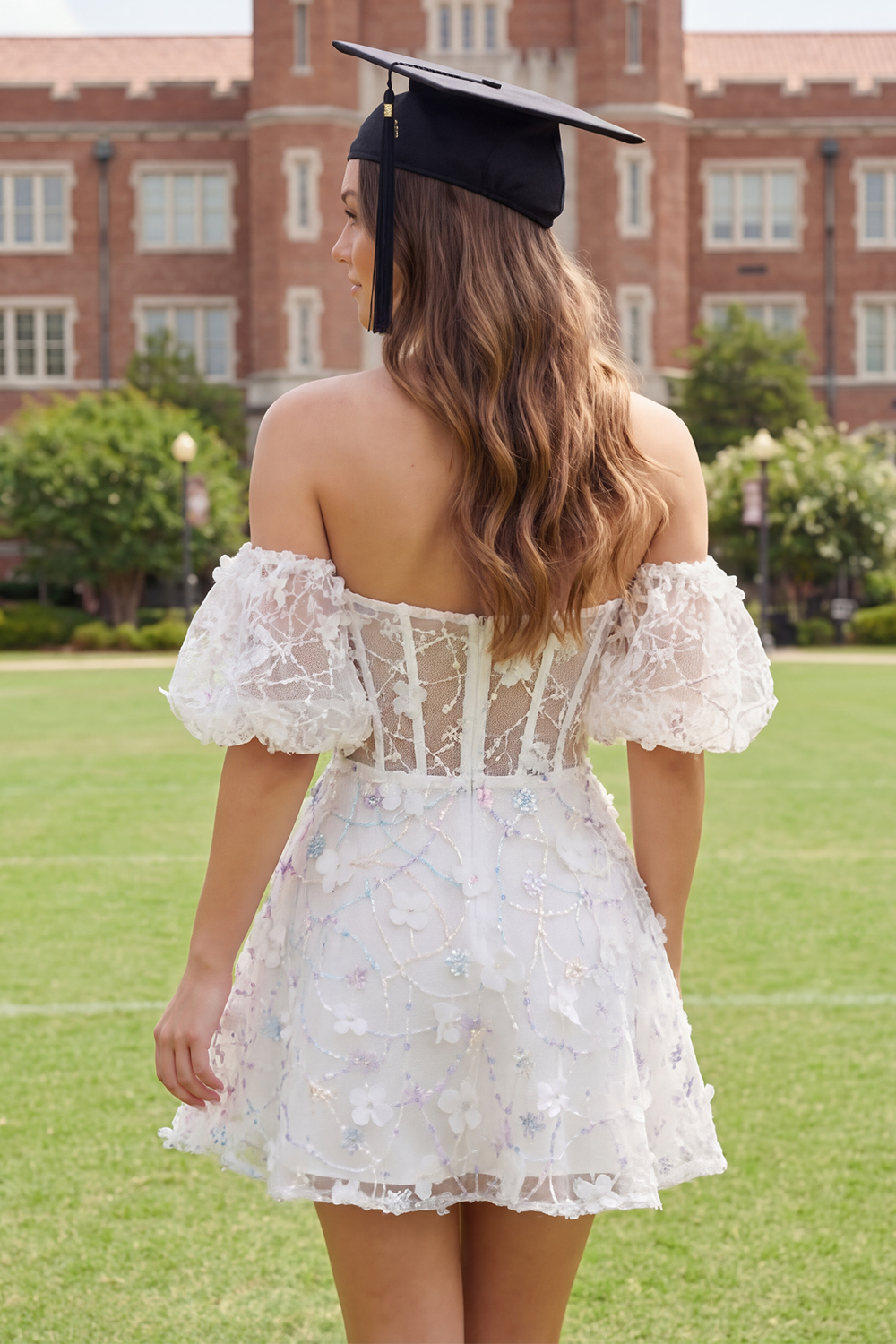 White Floral Off the Shoulder Short Corset Graduation Dress with Appliques