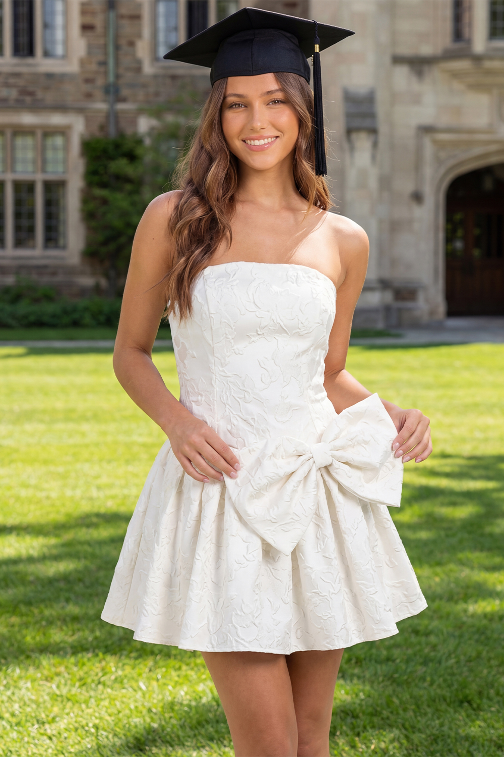 White Floral A Line Jacquare Short Corset Graduation Dress with Bow