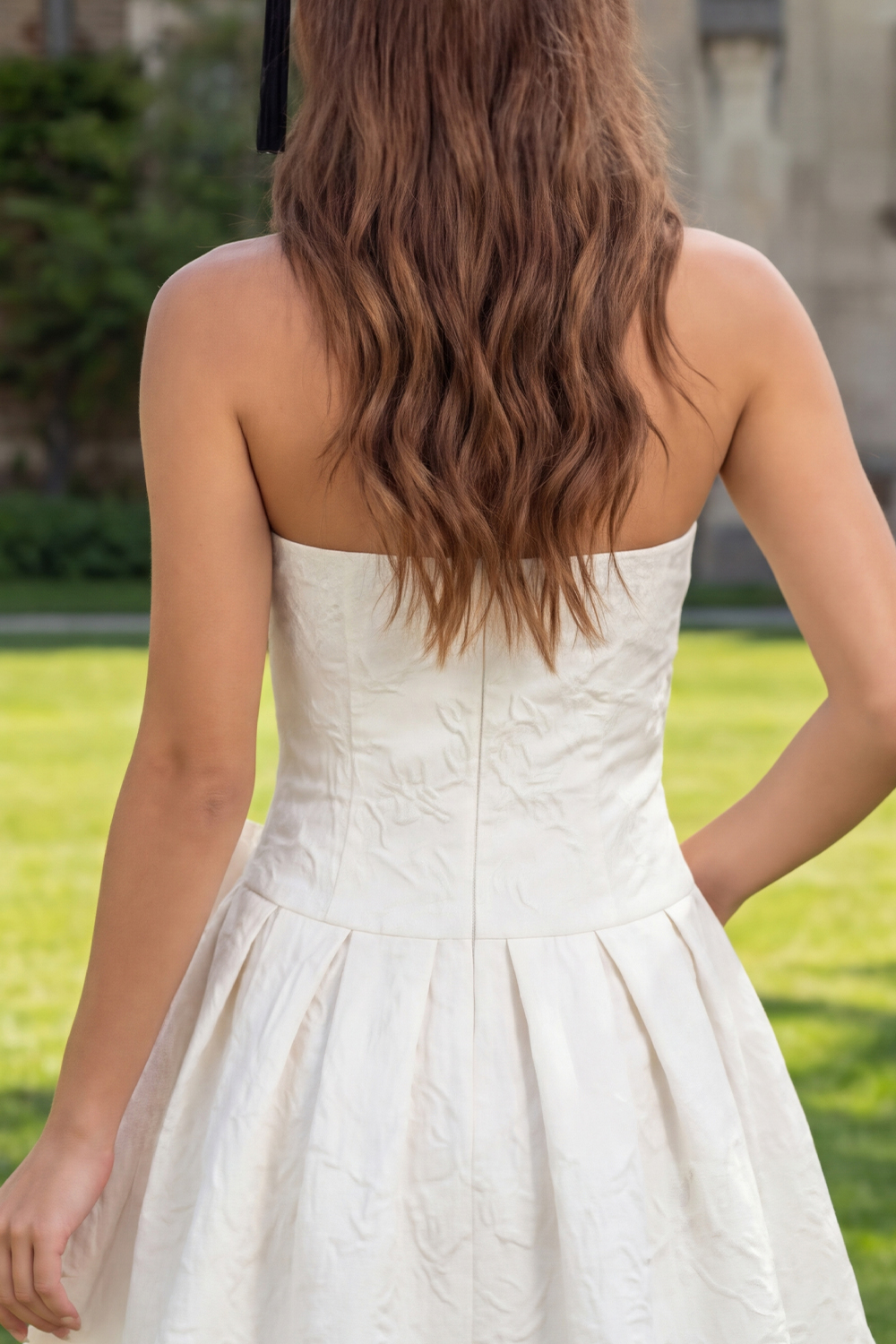 White Floral A Line Jacquare Short Corset Graduation Dress with Bow