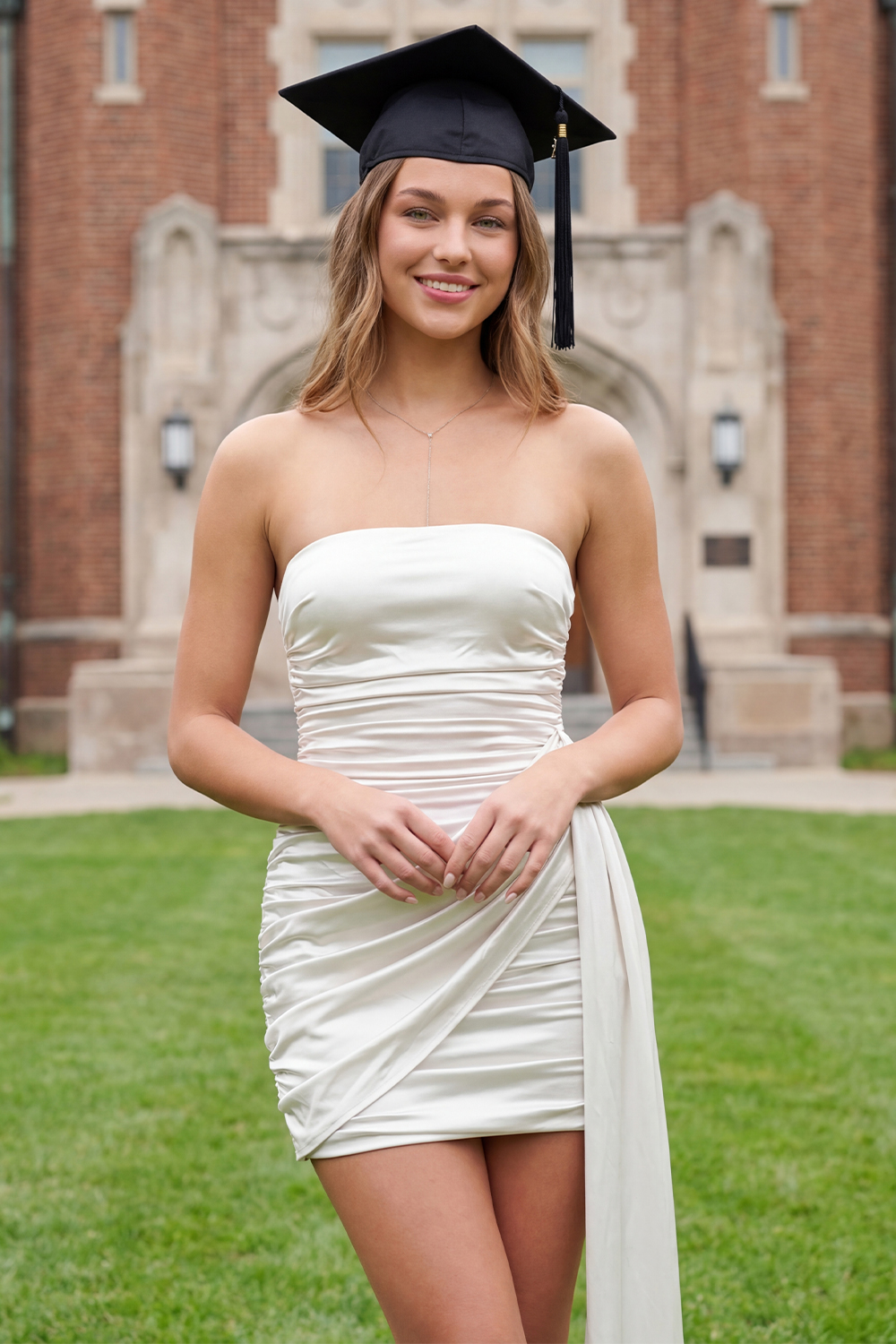 White Bodycon Strapless Ruched Short Satin Graduation Dress with Sash