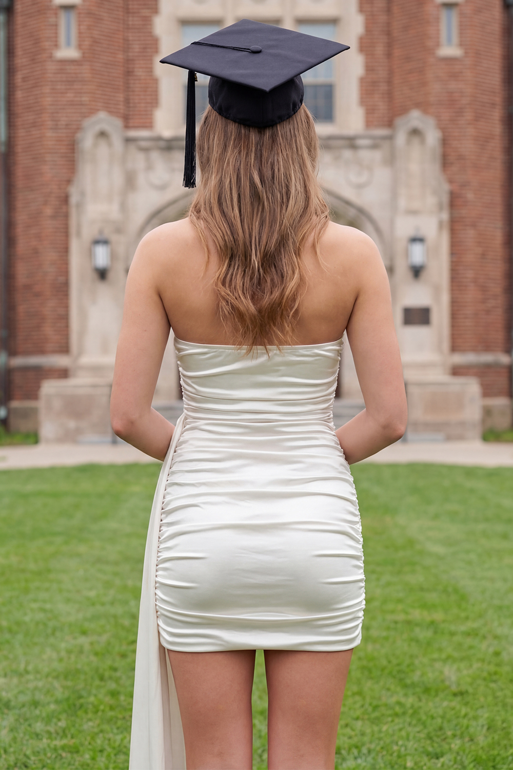 White Bodycon Strapless Ruched Short Satin Graduation Dress with Sash