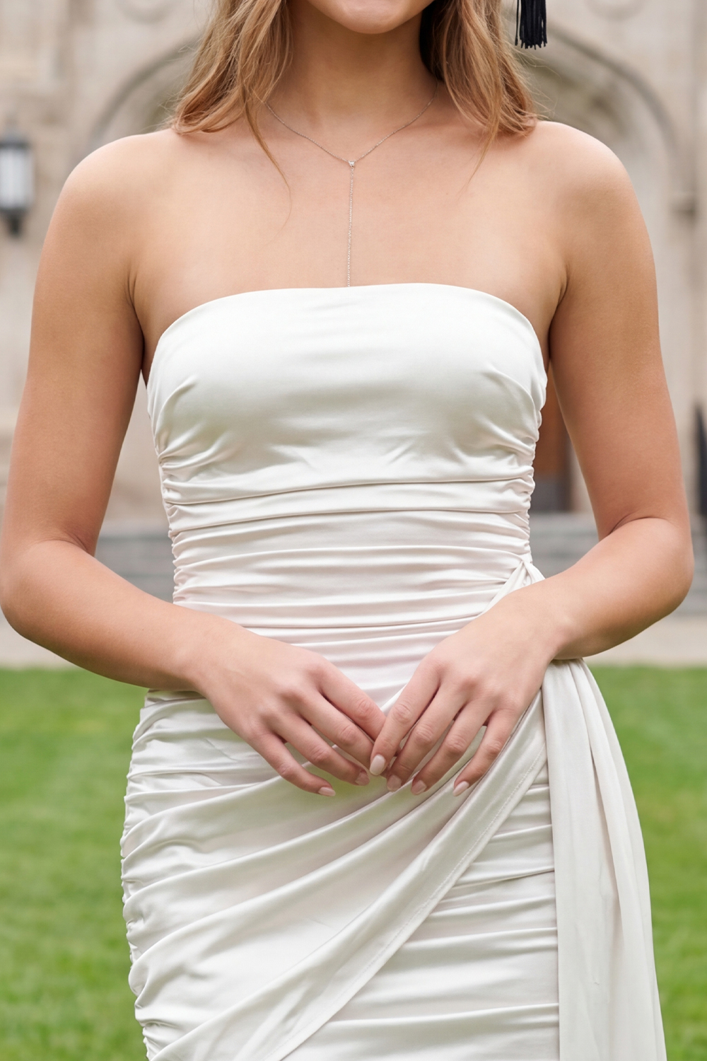 White Bodycon Strapless Ruched Short Satin Graduation Dress with Sash