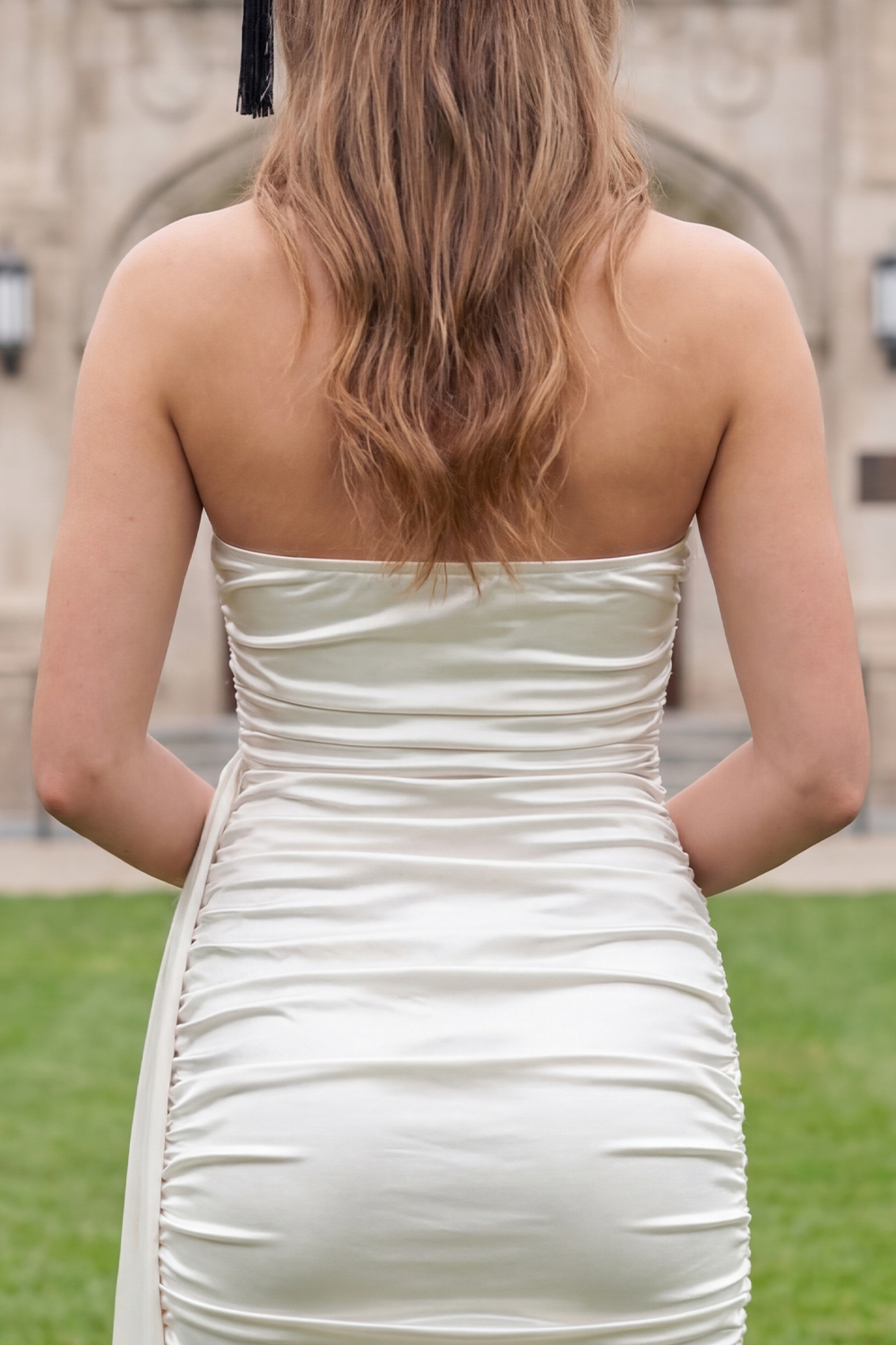White Bodycon Strapless Ruched Short Satin Graduation Dress with Sash