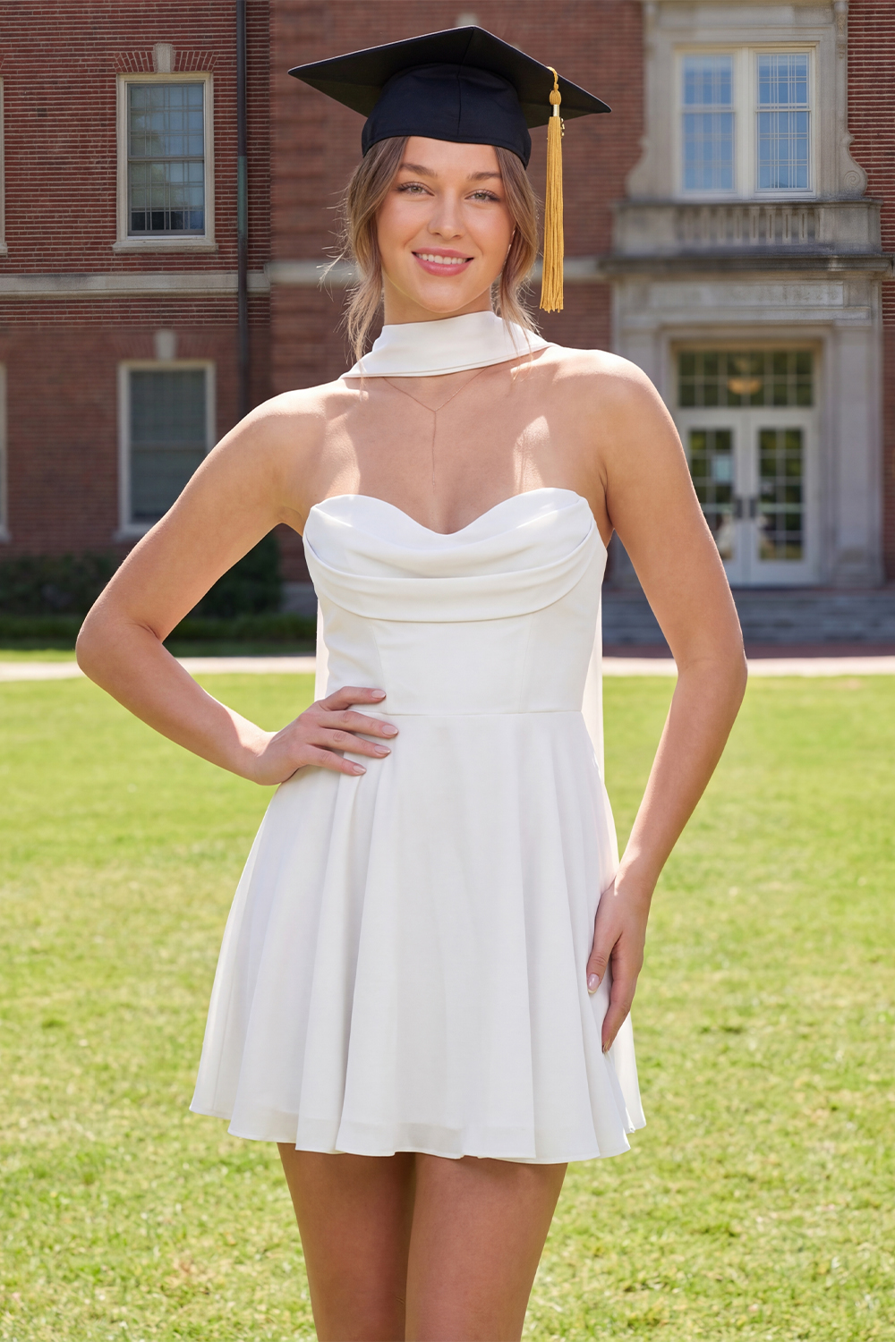 White A Line Neck Scarf Short Corset Graduation Dress