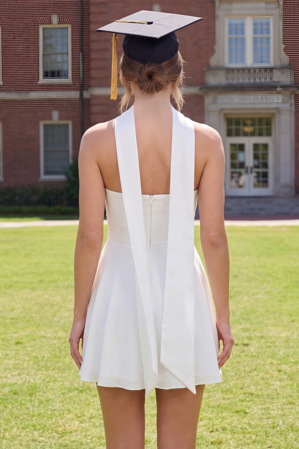 White A Line Neck Scarf Short Corset Graduation Dress