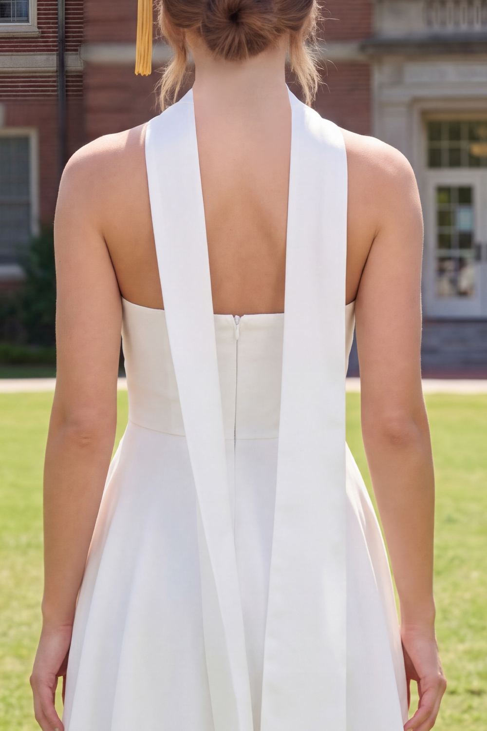 White A Line Neck Scarf Short Corset Graduation Dress